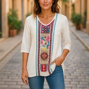 Johnny Was Boho Embroidered Aztec Floral Tunic Top